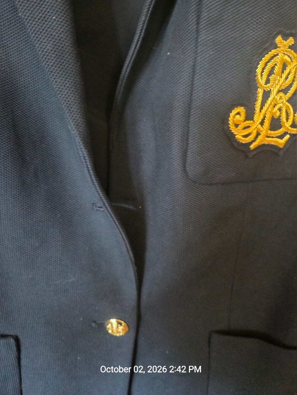 Ralph Lauren Bullion Jaquard Navy Blazer, Gold Embroidered Crest Missing Button